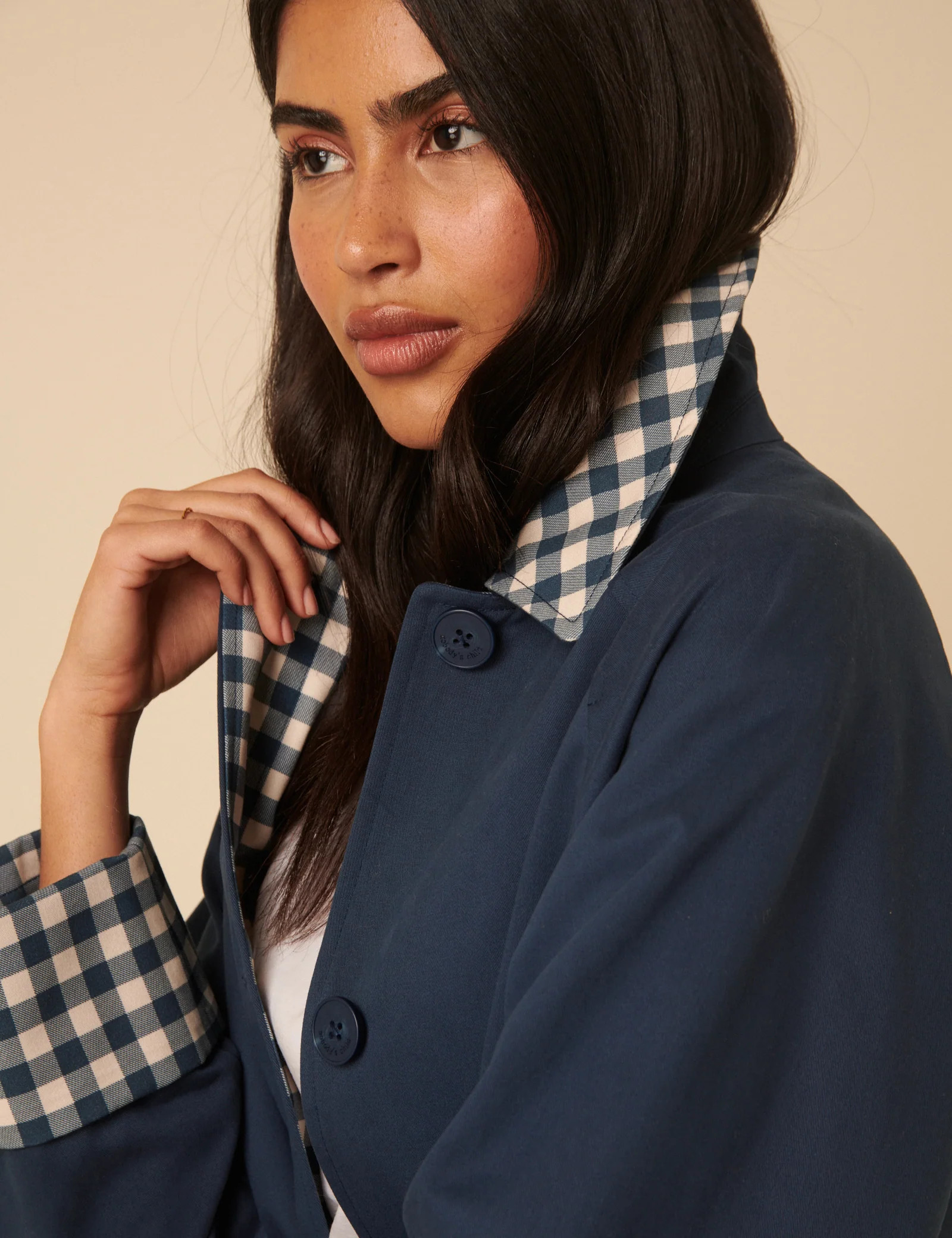Navy Gingham Trim Trench Coat | Nobody's Child