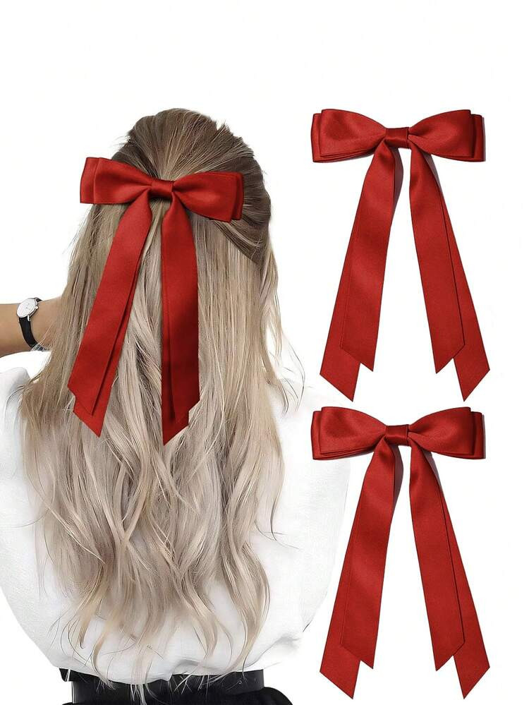 2 Pcs Hair Bows Clips For Women, Burgundy Red Bow Cute Bow Hair Clips For Women Ribbons Bow Barrettes Satin Hair Bows Long Tail Clips On Bows Party Hair Accessories, Hair Slide, Hair Barrettes | SHEIN