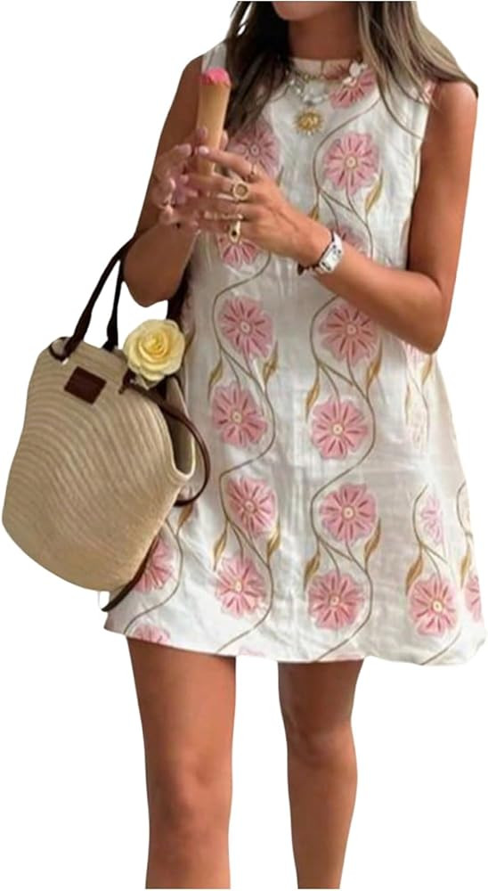 Floerns Women's Sleeveless Floral Tank Dress Crew Neck Beach Tunic Tank Dresses | Amazon (US)