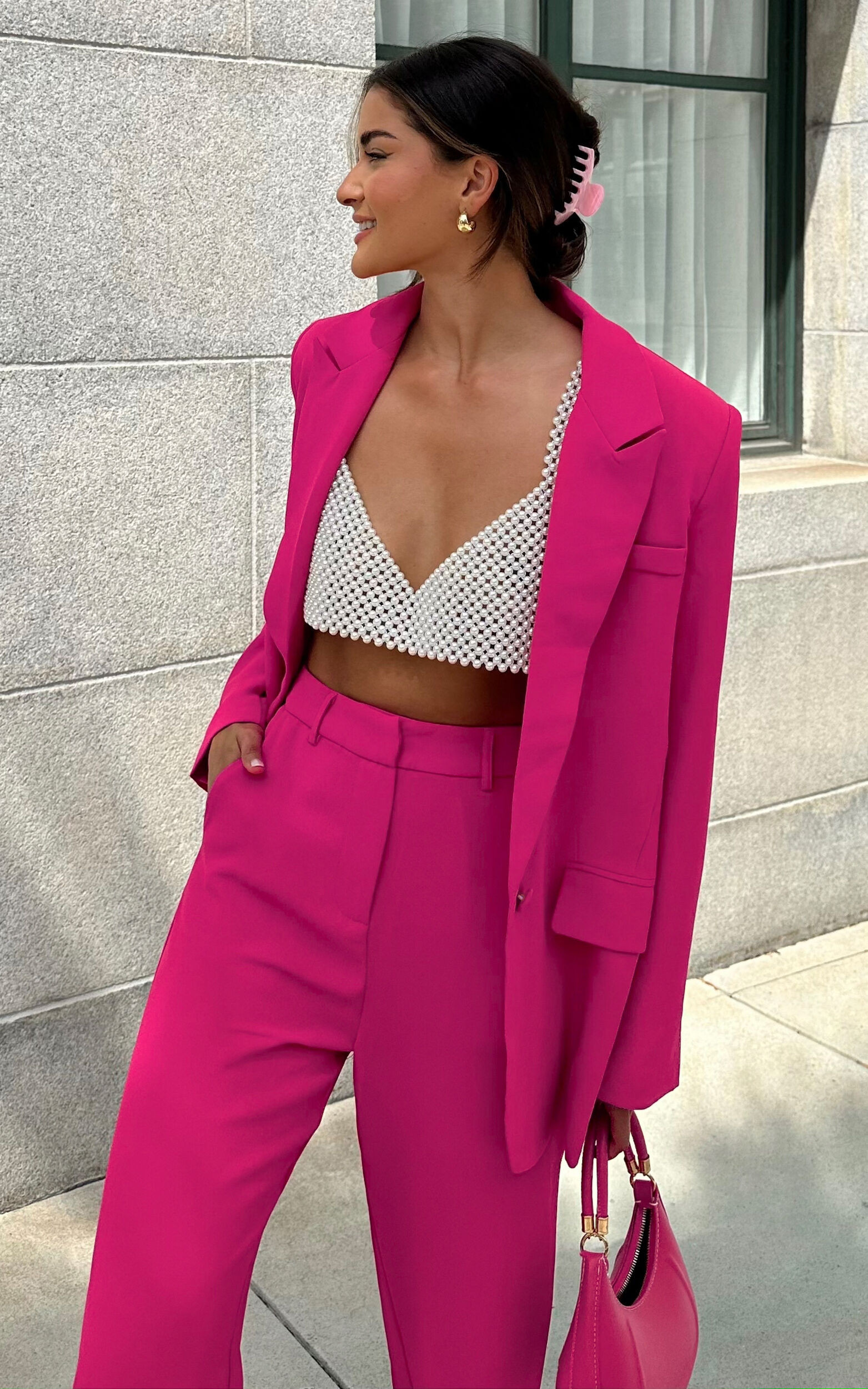 Michelle Blazer - Oversized Plunge Neck Button Up Blazer in Pink | Showpo (US, UK & Europe)