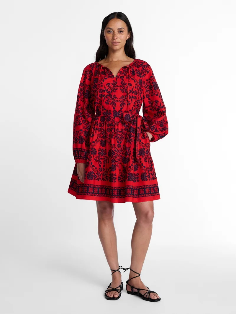 Time and Tru Women's and Women's Plus Tie Neck Cotton Mini Peasant Dress, Sizes XS-4X | Walmart (US)