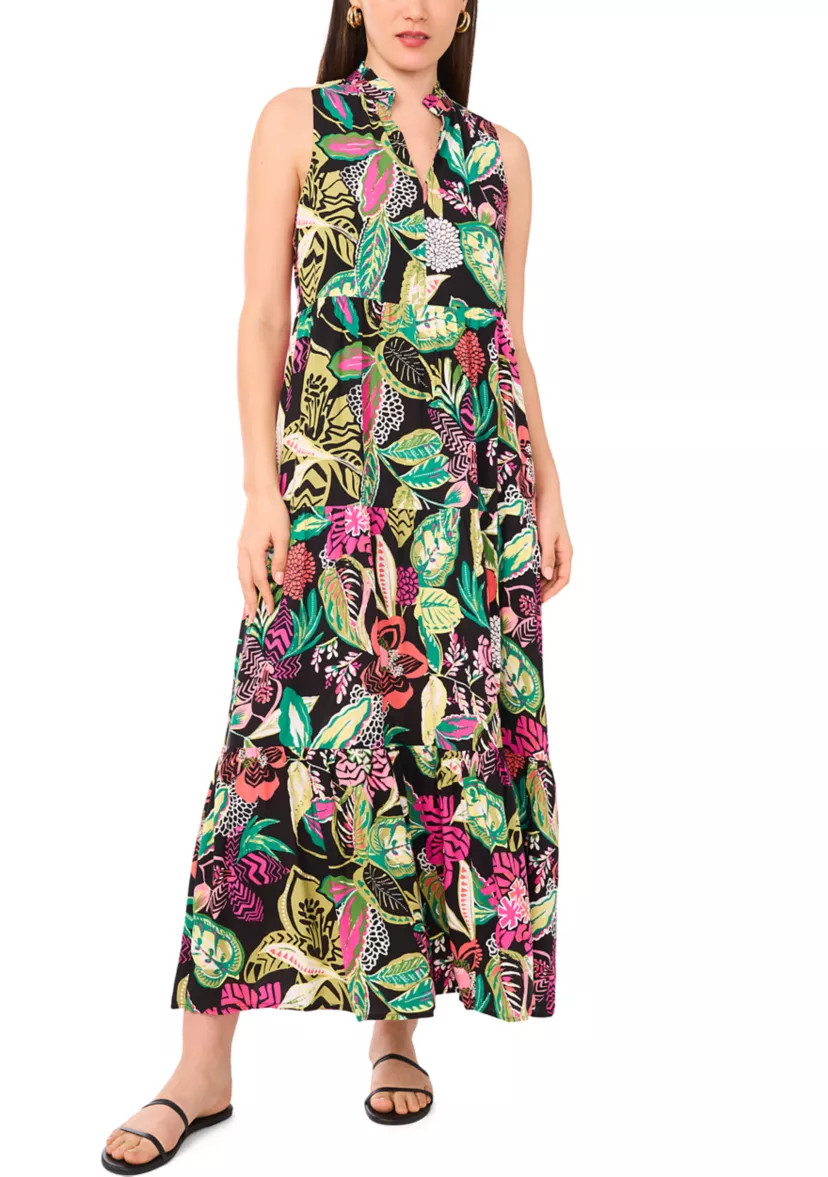 Women's Multi Floral Printed Split Neck Tiered Challis Dress | Belk