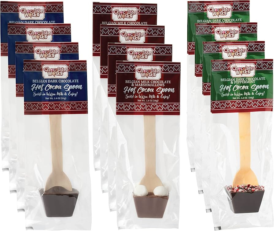 Hot Chocolate Spoons by Chocolate Works, Flavor Variety Pack - Belgian Dark Chocolate, Milk Choco... | Amazon (US)