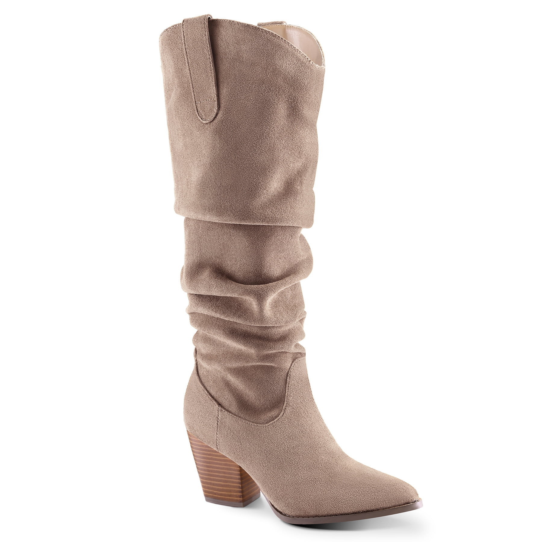 Pennysue Women's Knee-High Booties Taupe Mid Chunky Heel Slouchy Boots With Side Zippers Boots 8M | Walmart (US)