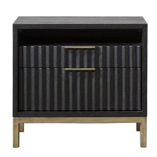 Benjara Wood and Metal 2-Drawer Black and Brass Nightstand with Scalloped Drawer Fronts 16 in. L ... | The Home Depot
