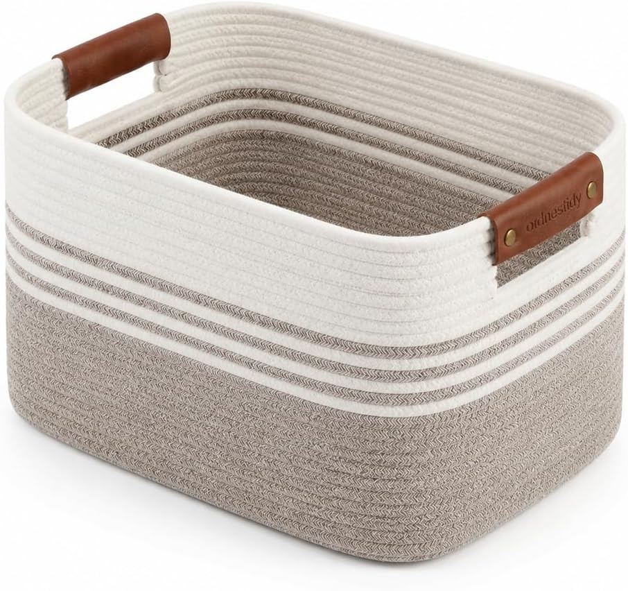 Cotton Rope Laundry Basket Medium, 15.4GAL Collapsible Woven Storage Baskets for Living Room Kids Toys Stuffed Animal,Boho Rectangular Decorative Short Hamper for Dirty Clothes, Blankets White Brown | Amazon (US)