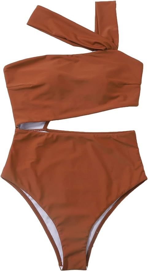 MakeMeChic Women's Cut Out One Piece Swimsuits Monokini One Shoulder Bathing Suits Rust Brown L a... | Amazon (US)