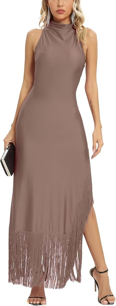 Aigeman Women Vintage Flapper Dresses 1920s Great Gatsby Halter Fringed Maxi Dress Tassels High S... | Amazon (US)
