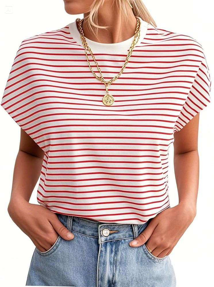 LilyCoco Womens Striped Shirt Summer Oversized Cap Sleeve Crew Neck T Shirt | Amazon (US)