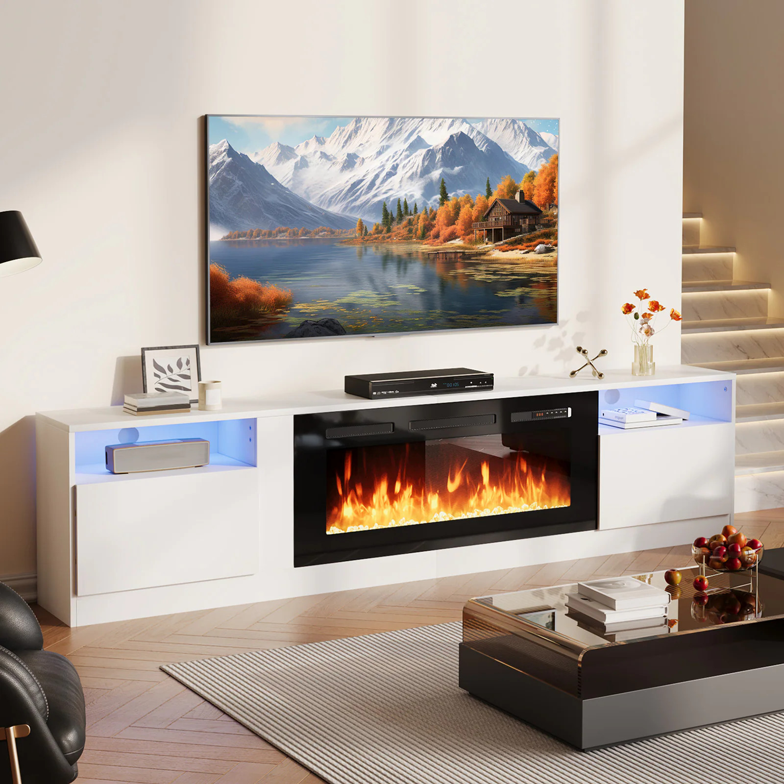 Bapipro 80-in W White TV Stand with Infrared quartz Flat wall Electric Fireplace with Remote Control Included | TE23A28W | Lowe's