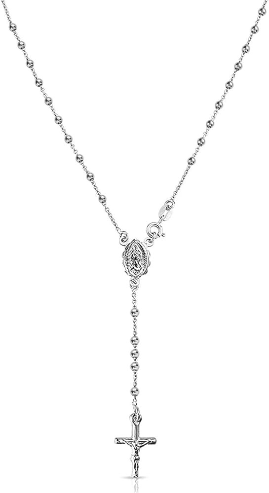 Savlano 925 Sterling Silver Italian Solid Bead Chain Cross & Rosary Virgin Mary Pendant Y Necklac... | Amazon (US)