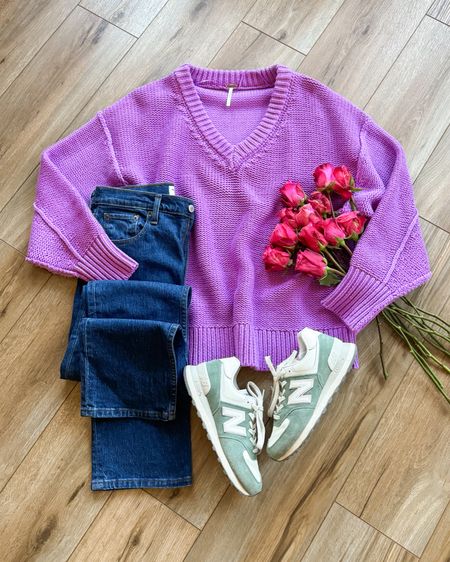 Valentine’s Day outfit. Purple sweater. Orchid sweater. Free people sale. New balance sneakers. Colorful outfits. Early spring outfit ideas. Spring colors. 

Sweater runs very big and oversized. I sized down one to an Xsmall and it is the perfect slouchy cozy sweater 

#LTKGiftGuide #LTKSeasonal #LTKsalealert