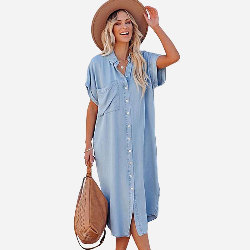 Women's Denim Short Sleeve Button Down Dress - Cupshe | Target