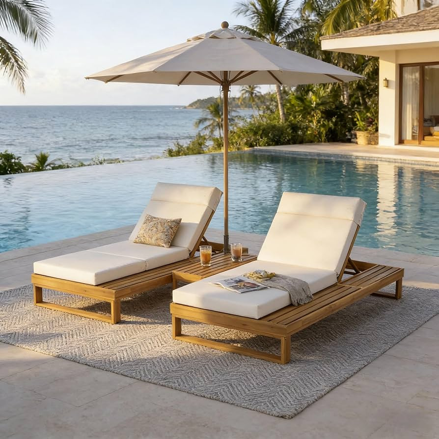 Merax 2 Piece Teak Finish Acacia Wood Chaise Lounge with 4-Inch Beige 4-Fold Cushion Set, Adjustable Outdoor Patio Lounger with Flat Side Surface, for Poolside | Amazon (US)