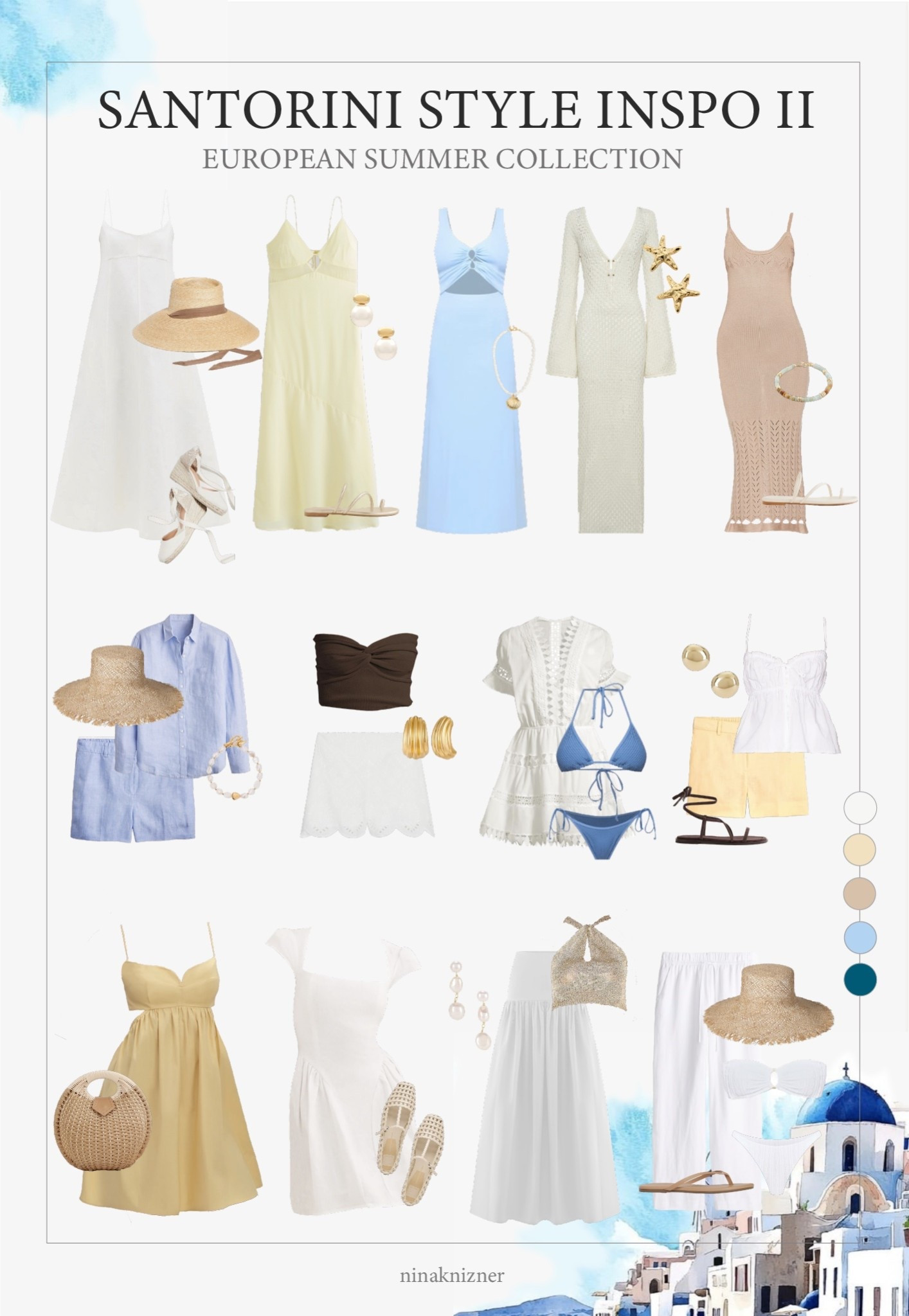 What to wear to Santorini Part II. Elevated. Romantic. Artisanal. 

Inspiration whether you’re traveling to Europe this summer or just looking to refresh your wardrobe in this gorgeous Mediterranean style.

Think whites, beiges, blues and yellows. Pastels look especially great against the charming white streets, and yellow is stunning for a sunset dinner. White is super cute for cave pools, and the beaches. 

Fabric wise think linen and cotton. Eyelet and crochet styles are gorgeous. Pair with raw/natural accessories like pearl, seashells, gold, leather, wood and raffia.

Santorini | Greece | Travel Outfits | Date Night | Strappy Sandals | Linen | Summer Dress


#LTKTravel #LTKStyleTip #LTKSwim