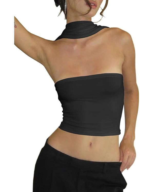 Women's Sexy Halter Tube Tank Crop Tops Strapless Slim Fitted Y2k Bandeau Top Off Shoulder Basic ... | Amazon (US)