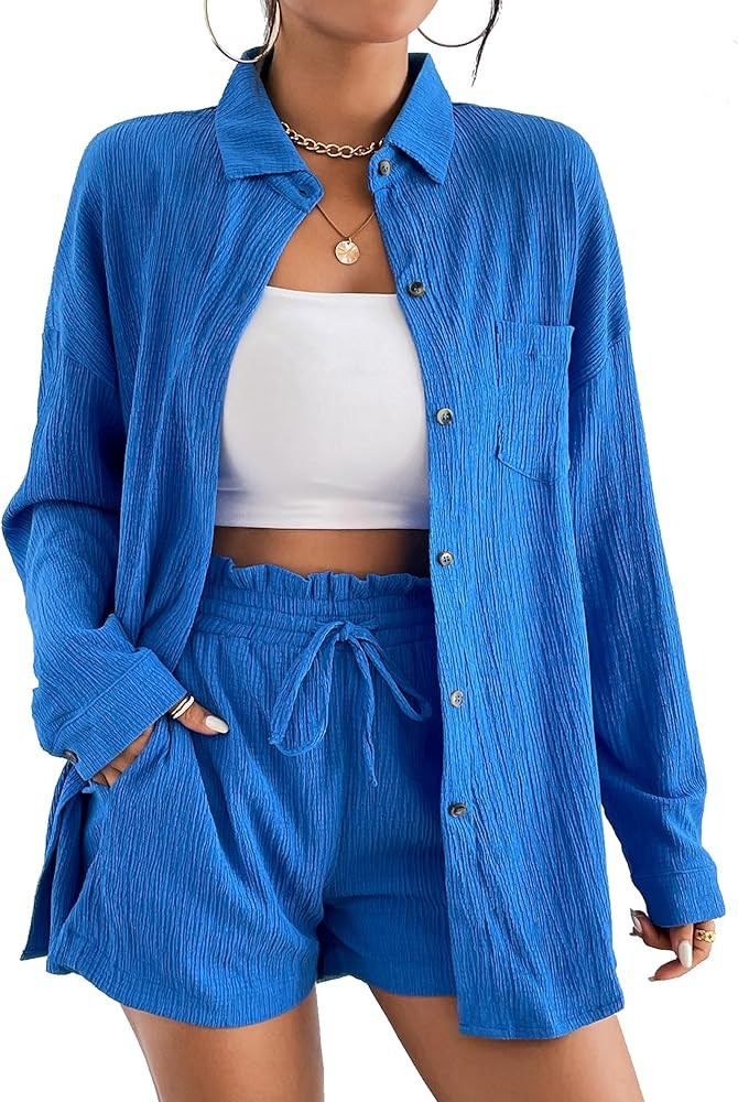 Ekouaer Two Piece Sets for Women Long Sleeve Lounge Set Button Down Shirts and Casual Shorts with... | Amazon (US)