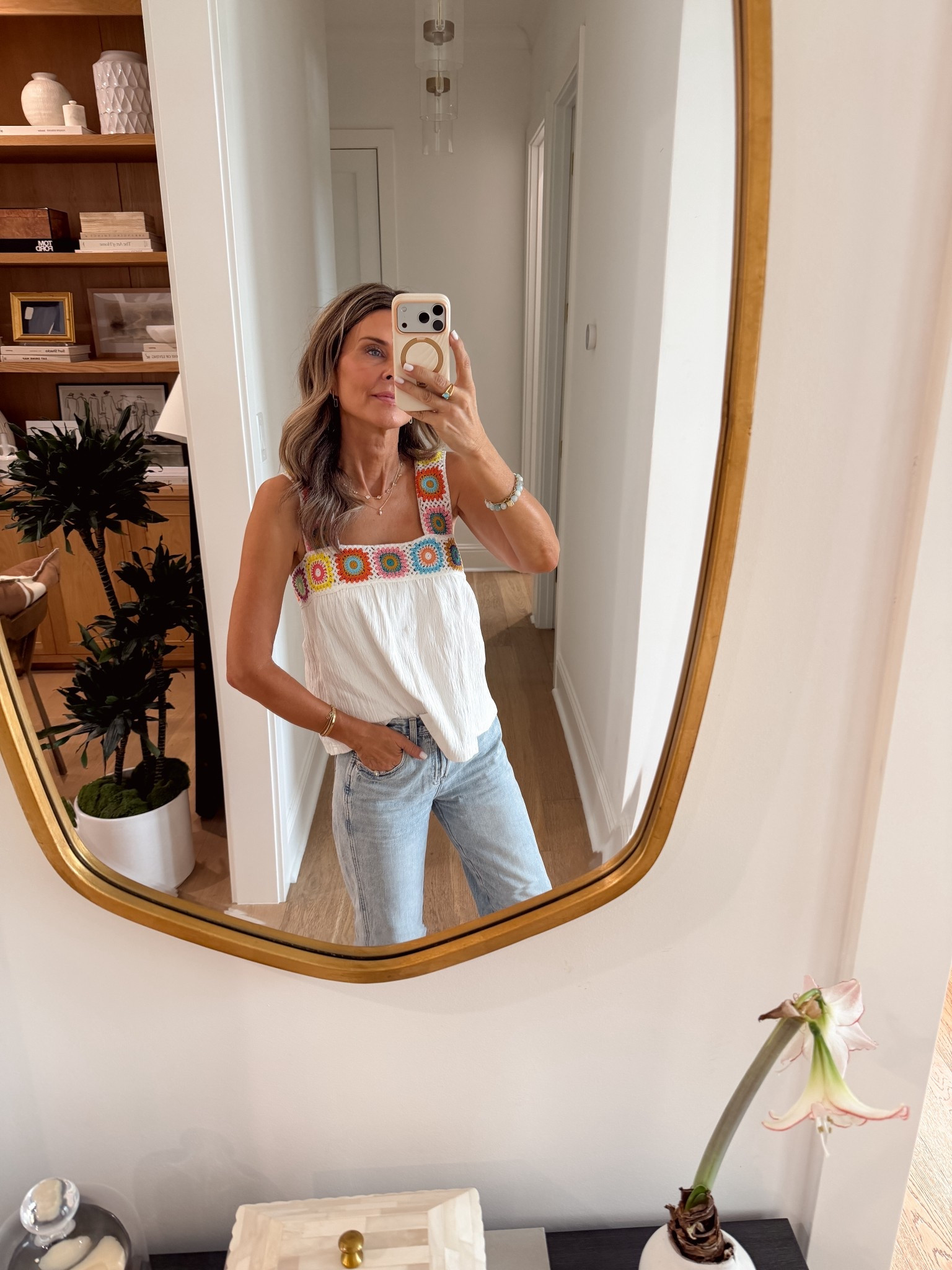 Everday outfit
I’m 5’6”
-Jeans code TAMMY15, size down 1 size
-Crochet details top is so cute and bra friendly wearing XS 
-Target sandals are good! 
-Delicate Jewelry 
-Navy bag 

#LTKootd #LTKOver40 #LTKSeasonal