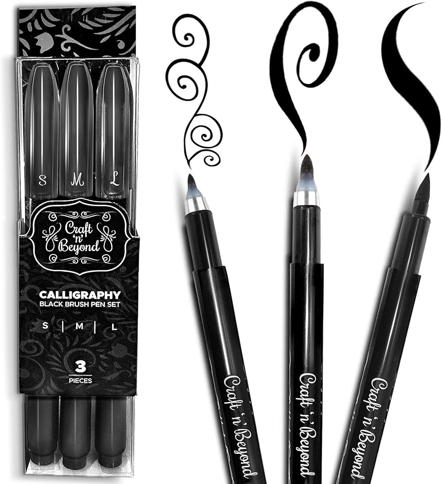 Craft 'n' Beyond Calligraphy Brush Pens Pack of 3 Small, Medium and Large Markers for Hand Letter... | Amazon (US)