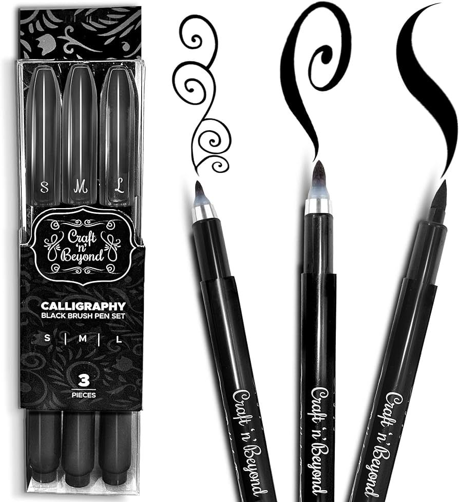 Craft 'n' Beyond Calligraphy Brush Pens Pack of 3 Small, Medium and Large Markers for Hand Letter... | Amazon (US)