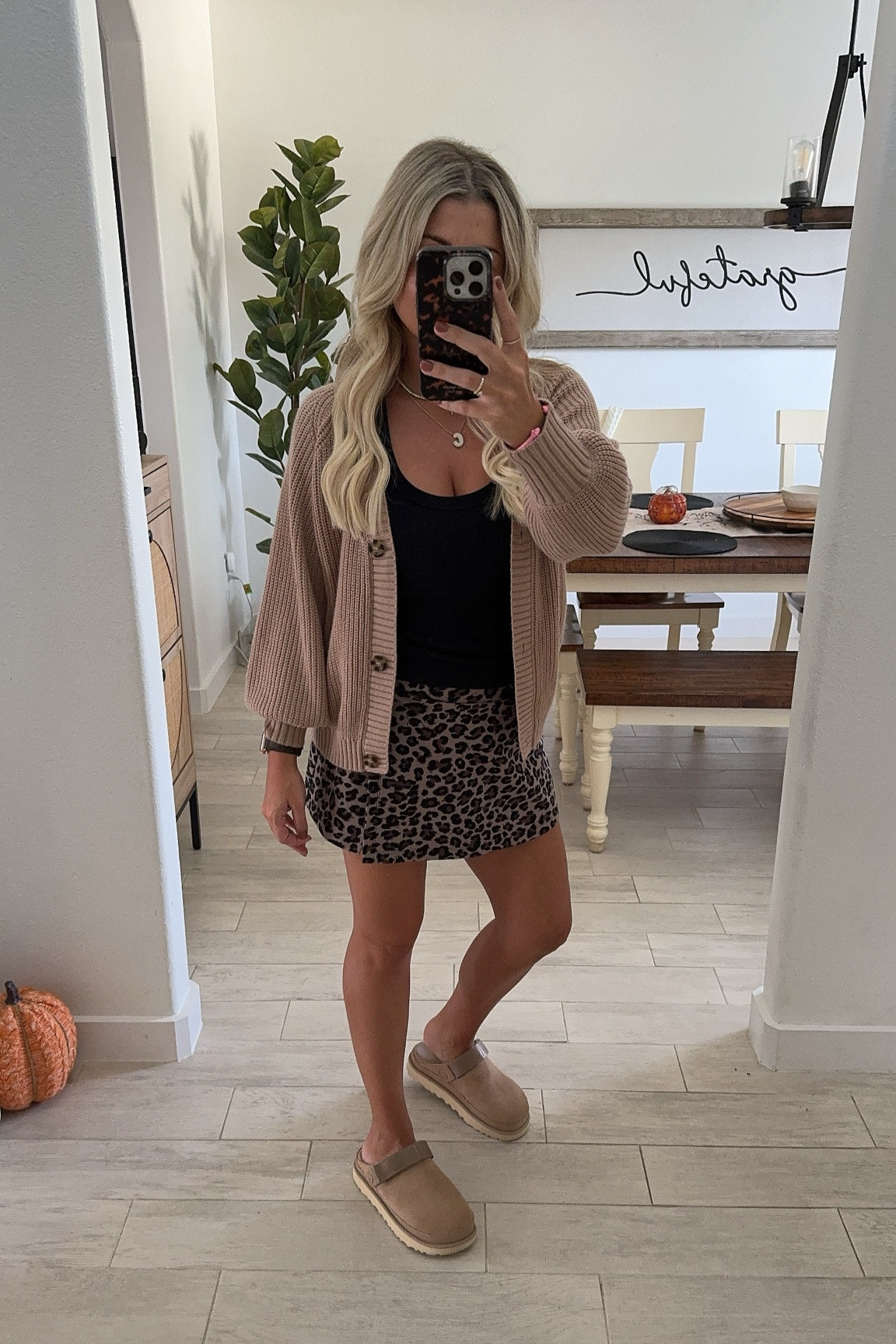Comfy casual fall outfit 
Cardigan small
Tank xs
Leopard skort small
Ugg goldenstar  clog up 1/2 a size 

#LTKShoeCrush #LTKFindsUnder100 #LTKSaleAlert
