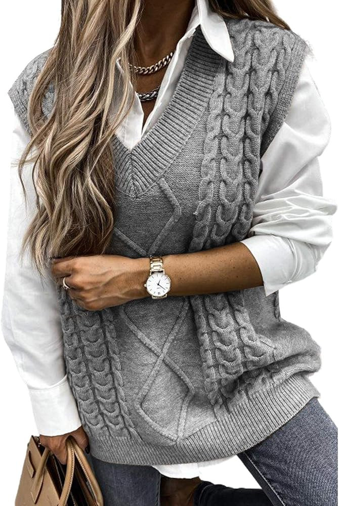 Blibea Women's Oversized Solid Color V-Neck Knitted Vest Cable Sleeveless Sweater(S-2XL) | Amazon (US)