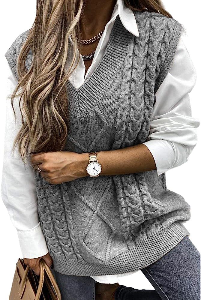 Blibea Women's Oversized Solid Color V-Neck Knitted Vest Cable Sleeveless Sweater(S-2XL) | Amazon (US)
