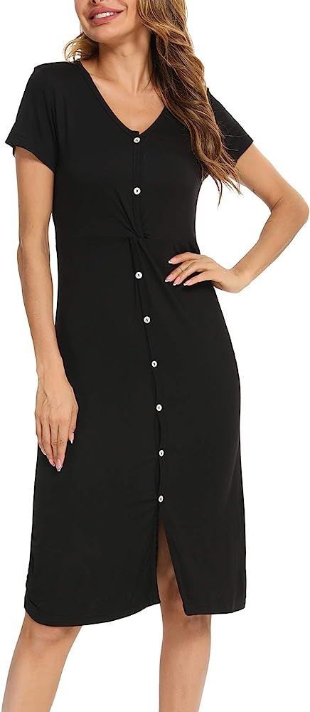 YYA Women's V-Neck Casual Dresses Button Down Tunic Dress Midi Dress with Split S-XXL | Amazon (US)