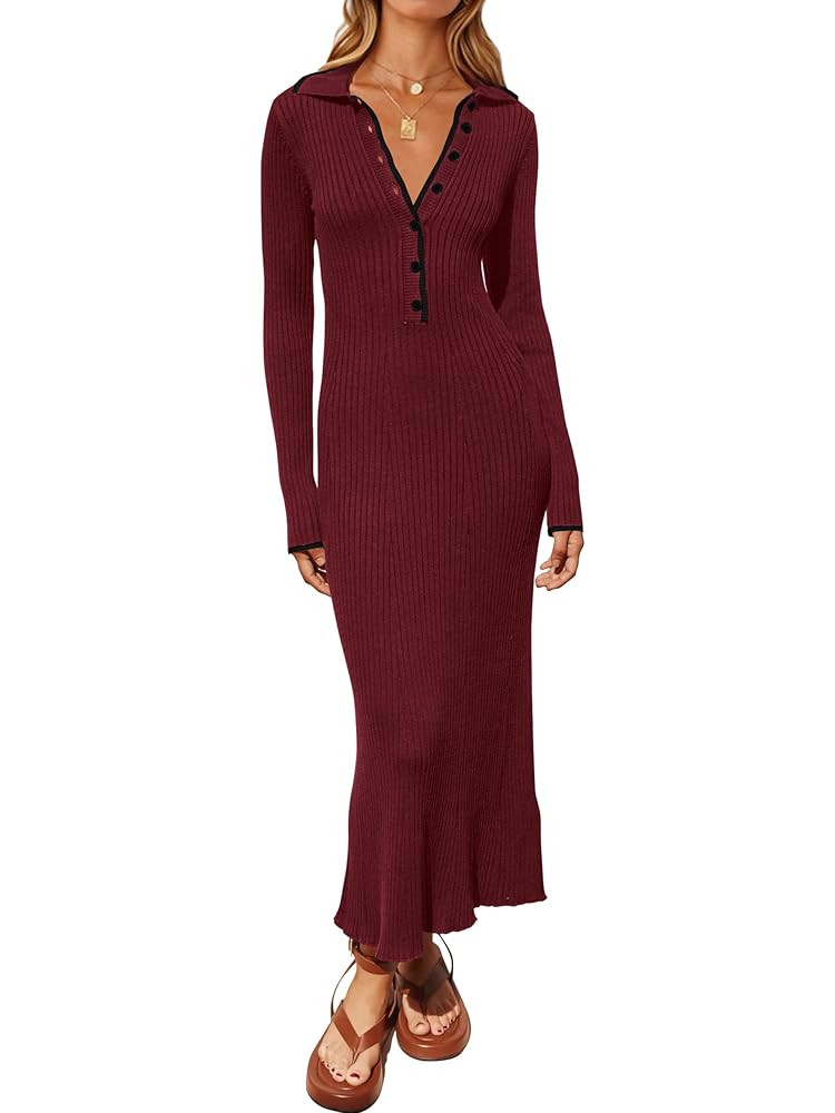 MASCOMODA Women Fall Long Sleeve V Neck Sweater Dress Casual Lapel Button Up Slim Fit Ribbed Knit... | Amazon (US)