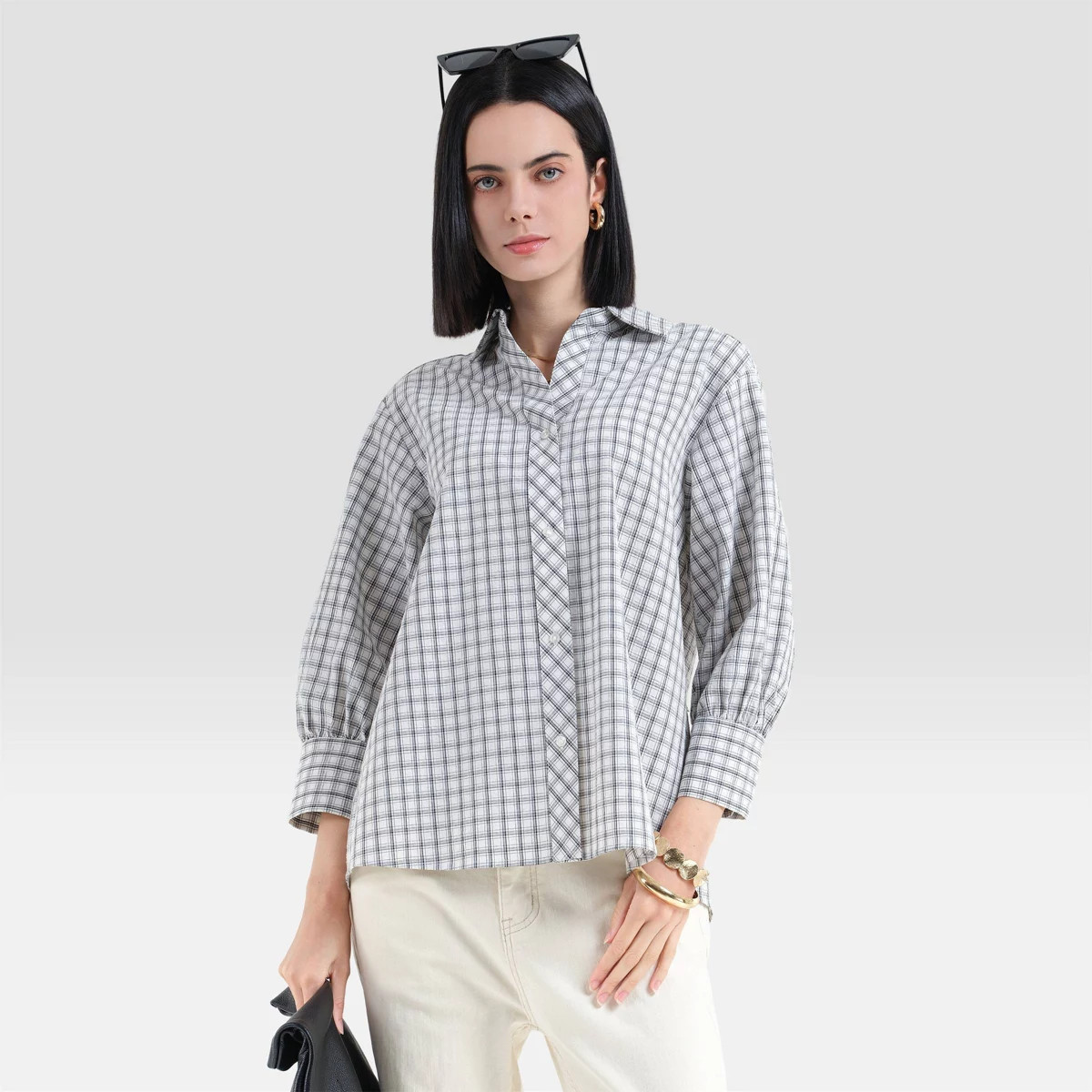 Women's 3/4 Sleeve Collared Neck Shirt - Universal Thread\u2122 White Plaid S | Target