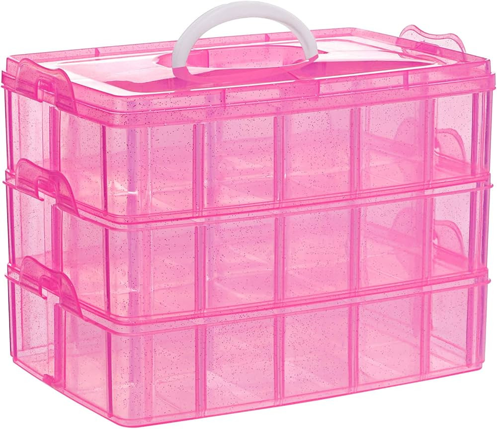 SGHUO 3-Tier Pink Craft Storage Container, Stackable Organizer Box with Dividers for Art Supplies... | Amazon (US)