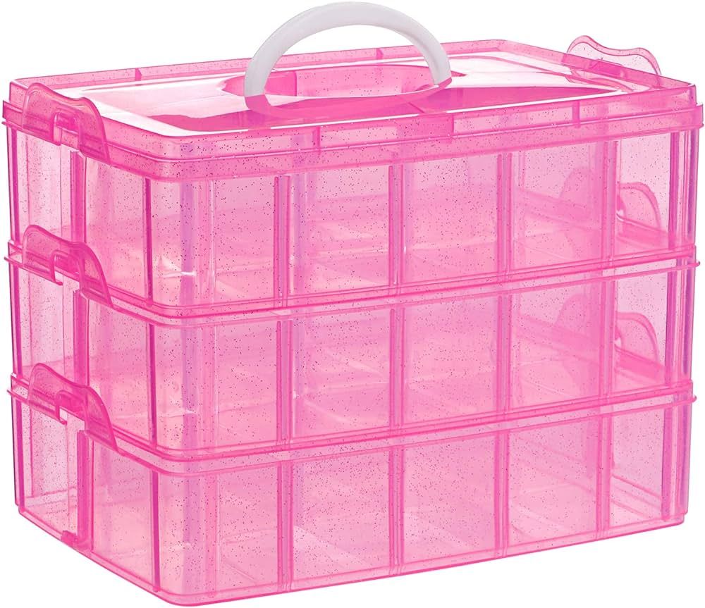 SGHUO 3-Tier Pink Craft Storage Container, Stackable Organizer Box with Dividers for Art Supplies... | Amazon (US)