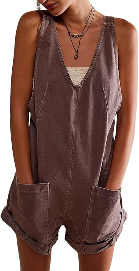 CHARTOU Women Casual Denim Short Overalls Rolled Cuff Barrel Shorts Jumpsuit Rompers | Amazon (US)