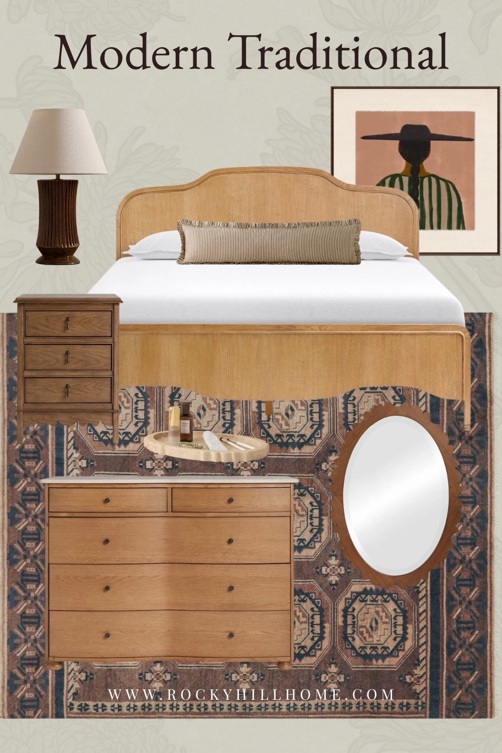 A rustic modern traditional bedroom with a southwest vibe featuring Lulu and Georgia bedroom furniture, rug and decor 

wood bed, small bedroom design, oval mirror

#LTKHome