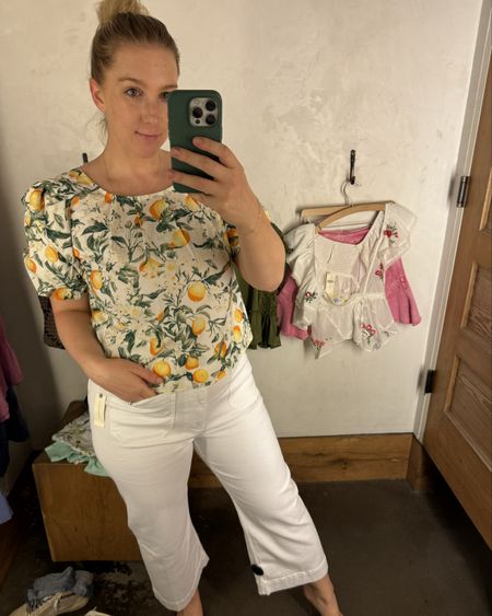 This is another easy spring/ summer look I loved from yesterday. I actually ended up bringing this top home because I loved it so much!  The pants are also super comfortable and come in a variety of colors. I am wearing a medium (my normal size) in the top and sized up a few for postpartum in the pants. I would have bought the pants too, but I just ordered some white ones a few days ago! 

Spring outfit/ spring look / casual outfit / lemon top / white jeans / white pants / jeans 

#LTKSeasonal #LTKstyletip