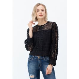 Solid Tone Full Crochet Long Sleeves Top in Black | Chicwish