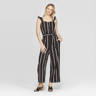 Women's Striped Sleeveless Off the Shoulder Button-Front Wide Leg Tie Waist Jumpsuit - Who What W... | Target