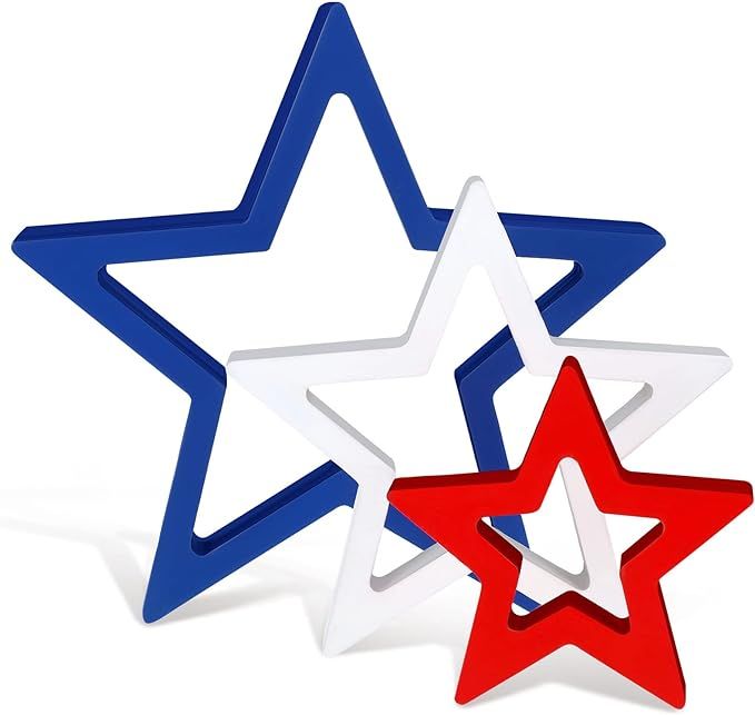 Blulu 3 Pieces Patriotic Decoration Wooden Star Sign Memorial Day Table Decor 4th of July Centerp... | Amazon (US)