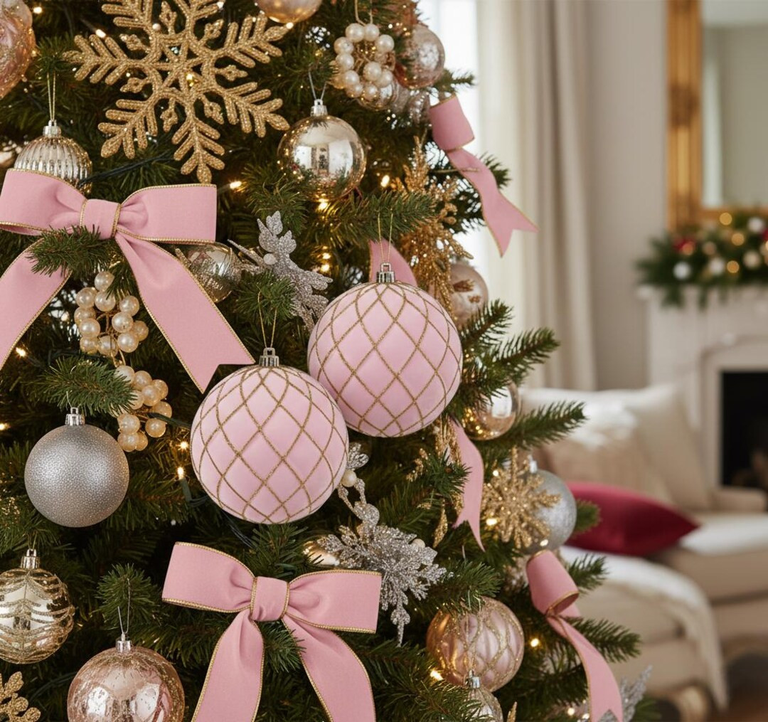 Pink Shatterproof Flocked Christmas Ornaments Holiday Decor Gift 4 Count - Etsy | Etsy (US)