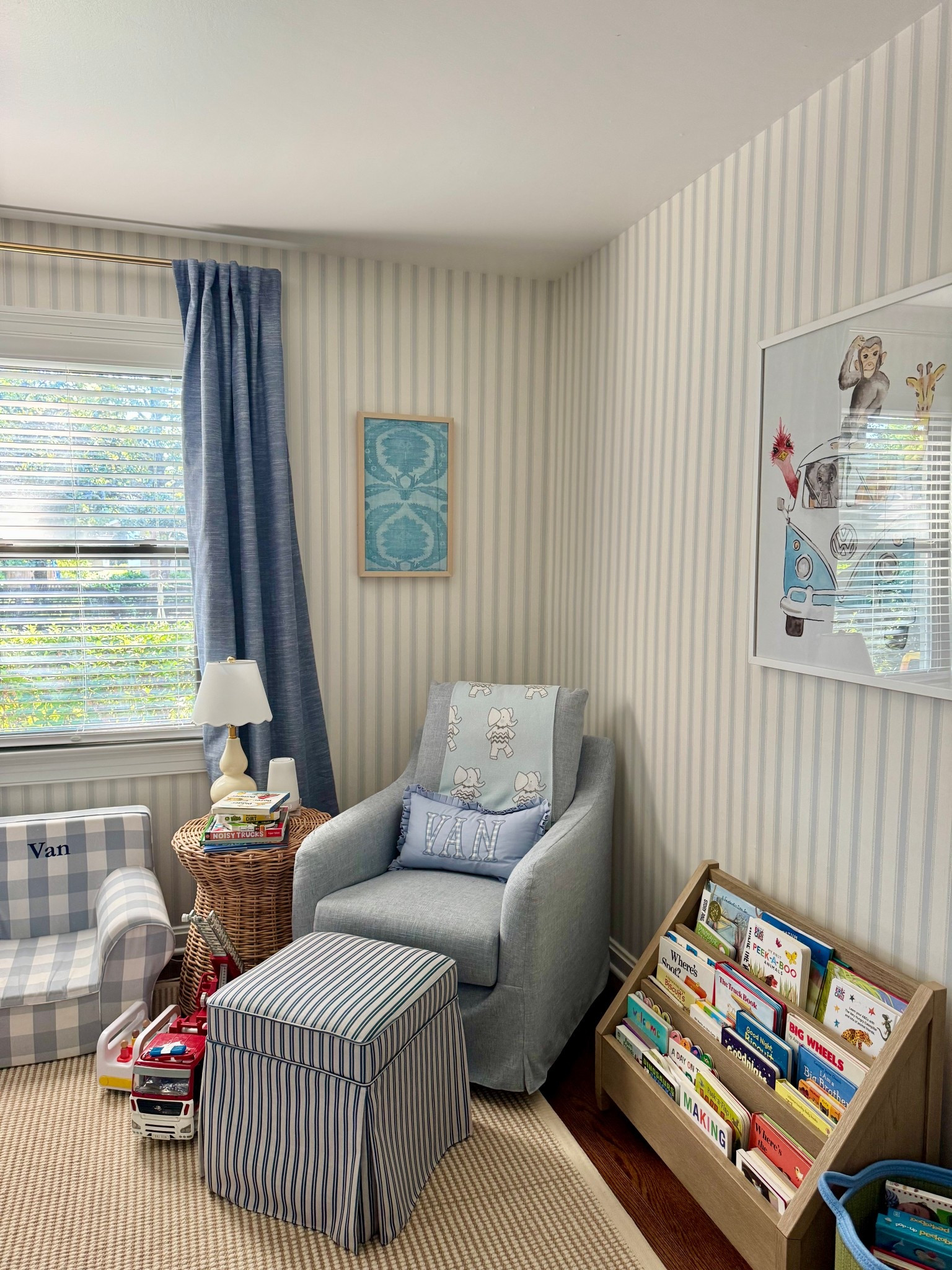 Toddler room inspo. Toddler room. Little boys room. Blue and white. Big boy room. Wallpaper. Baby boy nursery inspo. Nursery. Baby boy nursery. Storage baskets. High low nursery finds. baby boy room. Glider. Blue and white stripe wallpaper. Reading nook. Reading corner. LTKhome. LTKbaby. LTKkids 

#LTKBaby #LTKKids #LTKHome
