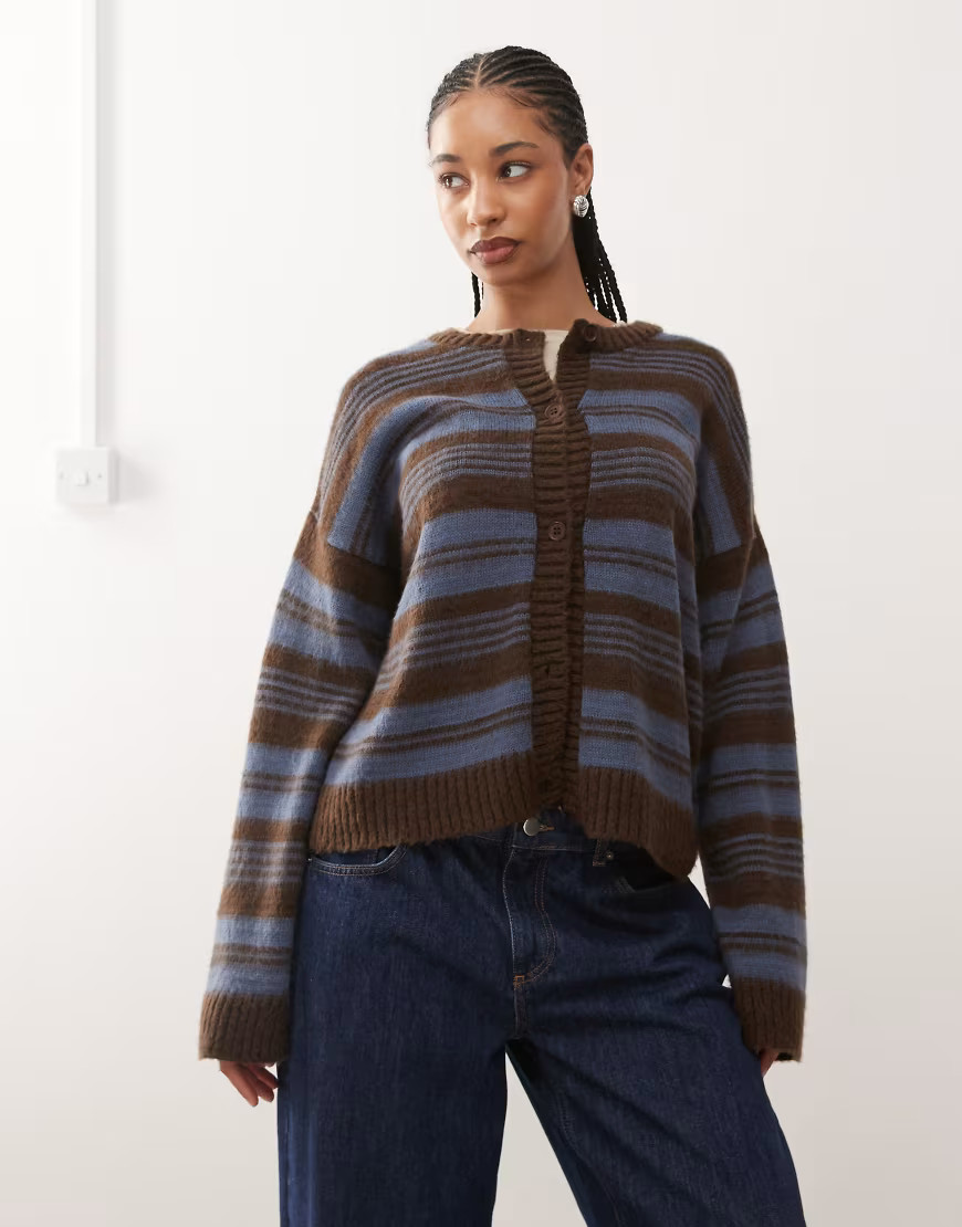 Reclaimed Vintage brushed knit cardigan in brown and blue stripes-Multi | ASOS (Global)