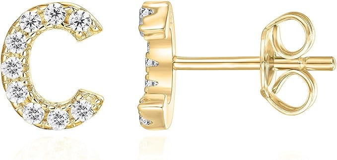 PAVOI 925 Sterling Silver, 14K Gold Plated, CZ Simulated Diamond Stud Earrings Fashion Alphabet L... | Amazon (US)