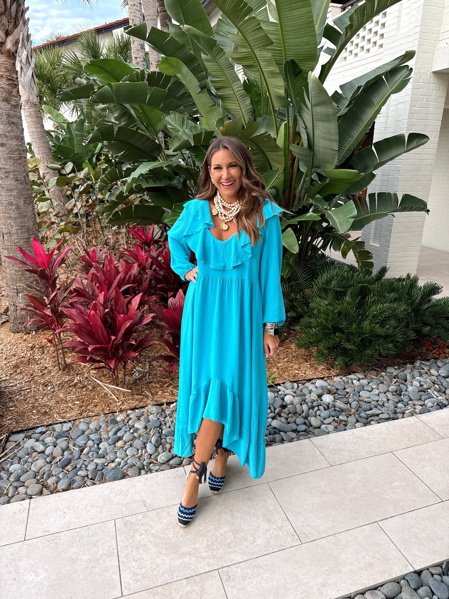 In a size USA 6 dress 
Under $25 
Resort wear 
Espadrilles 
Shell necklace and earrings 