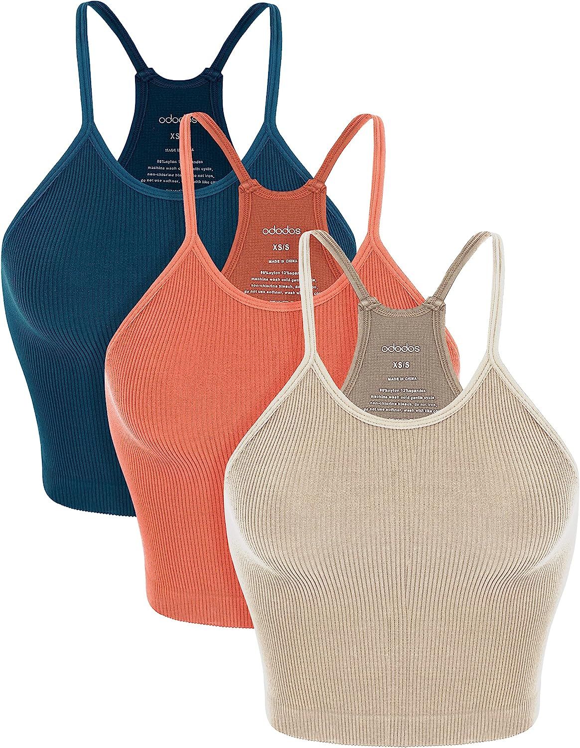 ODODOS Women's Crop 3-Pack Washed Seamless Rib-Knit Camisole Crop Tank Top | Amazon (US)