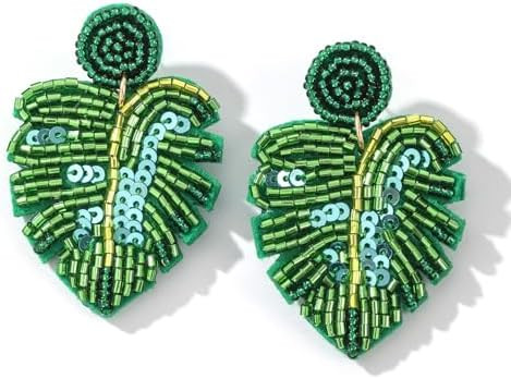 Beaded palm leaf earrings boho - handmade tropical Monstera dangle earrings for summer beach vaca... | Amazon (US)