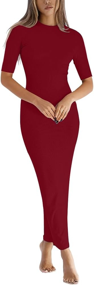 REVETRO Women's Spring Midi Bodycon Dresses Fall 3/4 Long Sleeve Crewneck Ribbed Knit Fitted Casu... | Amazon (US)
