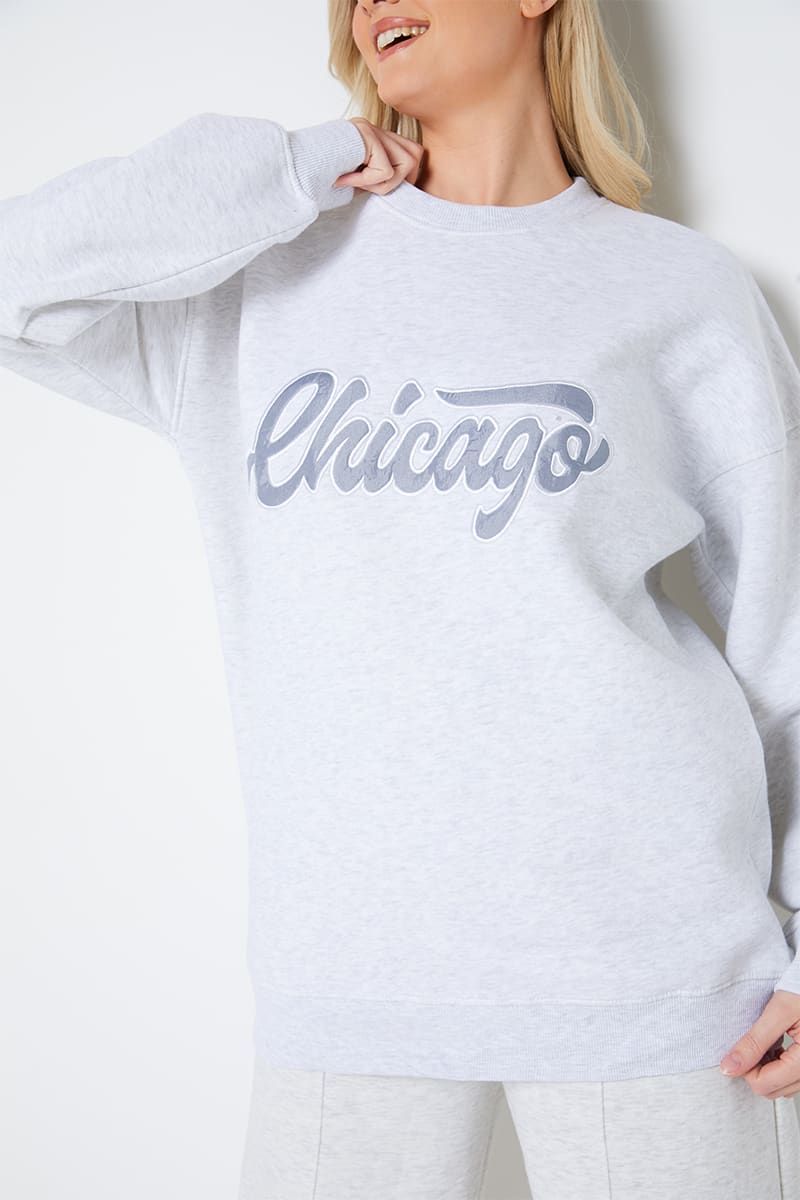 EMBROIDERED CHICAGO SLOGAN CREW NECK SWEAT | In The Style (UK)