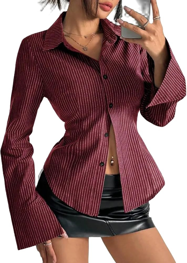 Women Y2K Striped Button Down Shirts Dress Shirts Long Sleeve Gingham Tee Collared Office OL Work... | Amazon (US)