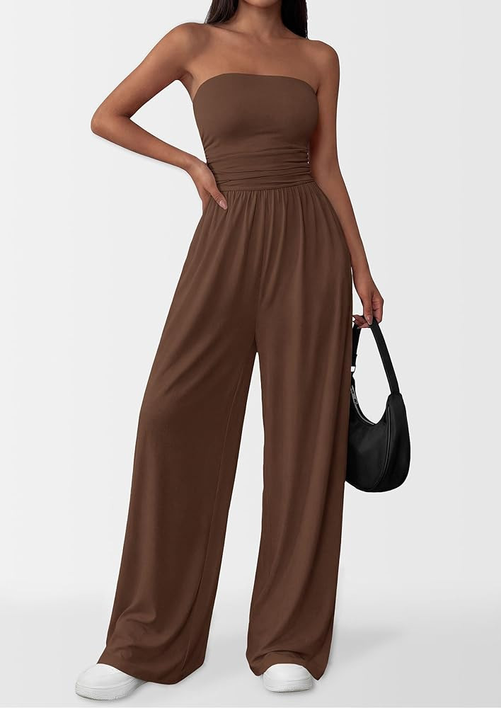 PRETTYGARDEN Womens Trendy Strapless Rompers 2026 Ruched Tube Top Wide Leg One Piece Jumpsuits Be... | Amazon (US)