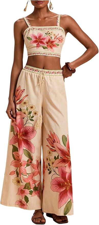 SweatyRocks Women's 2 Piece Sets Floral Print Tie Back Crop Top and Wide Leg Pants Boho Vacation ... | Amazon (US)